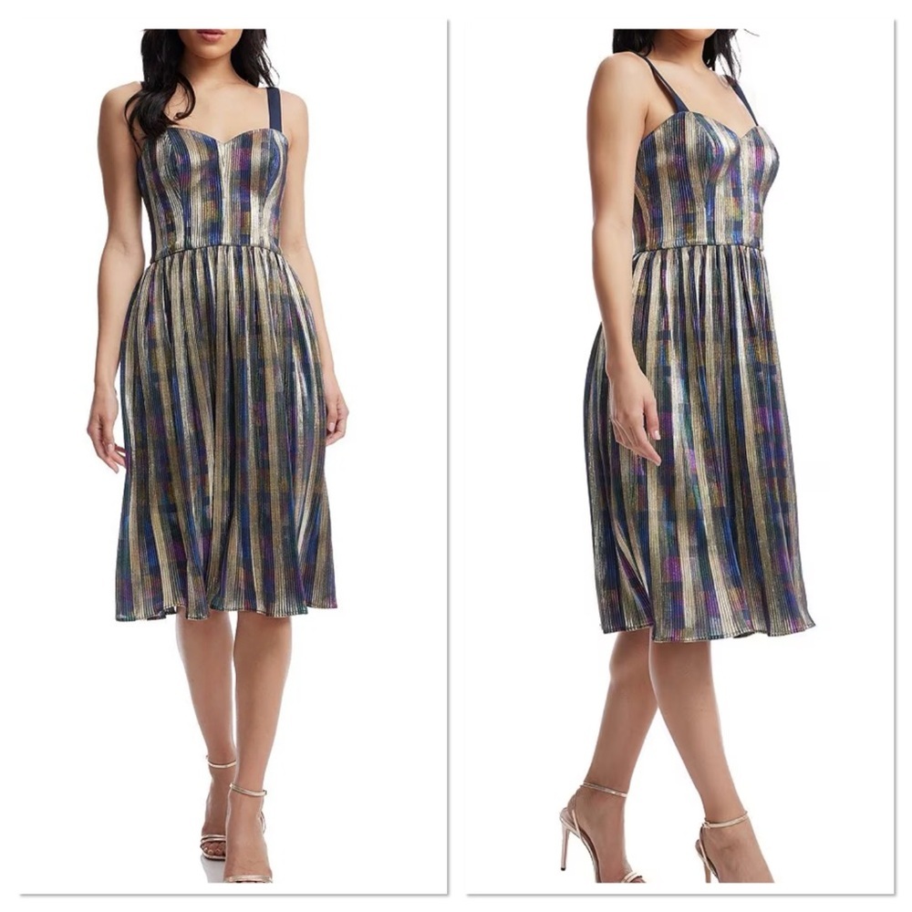 DRESS THE POPULATION Poppie Metallic Fit & Flare Midi Dress NWOT Size XS
